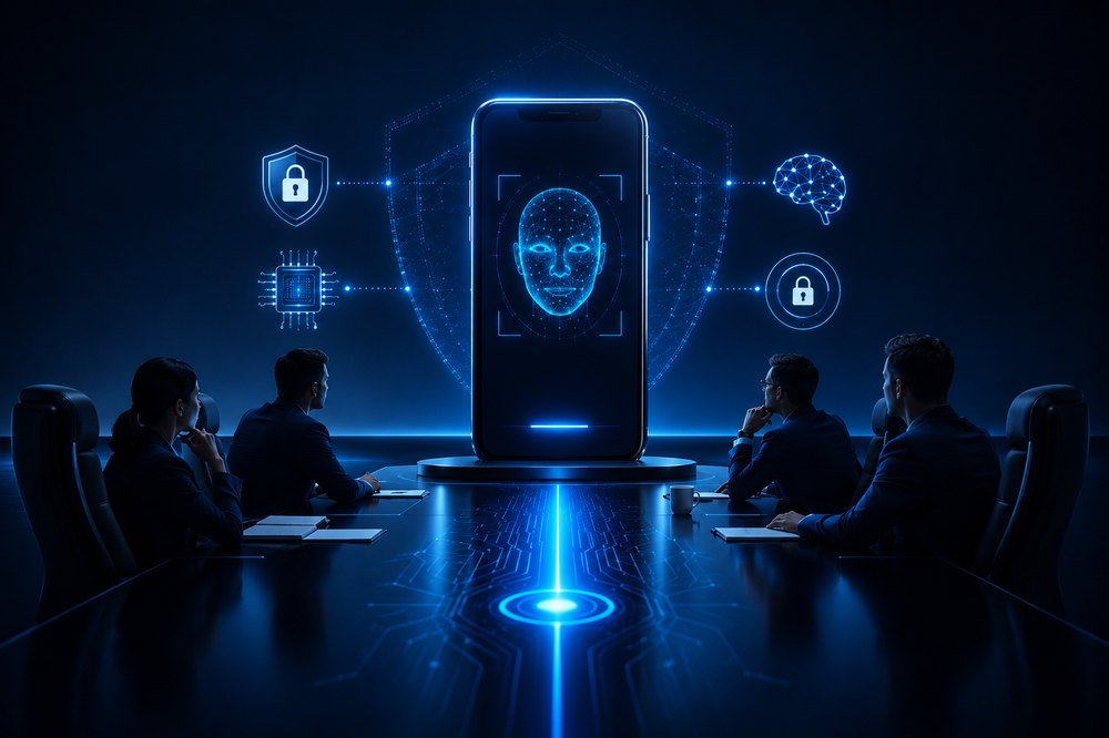 Executives around a boardroom table watching a phone run a secure on-device identity scan, ringed by privacy, encryption and on-chip icons